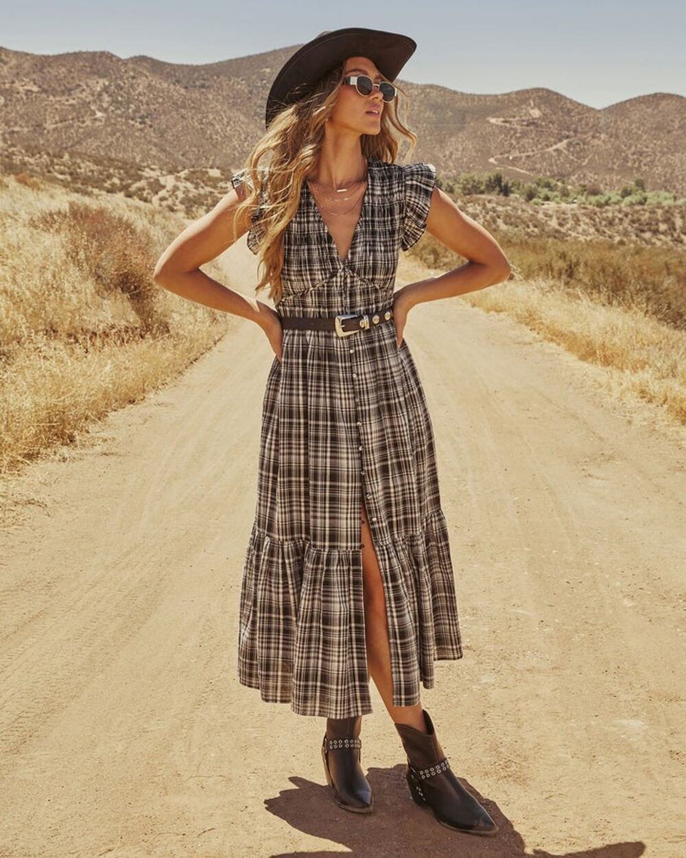 VICI Lindah Smocked Plaid V-Neck Cotton Maxi Dress - S